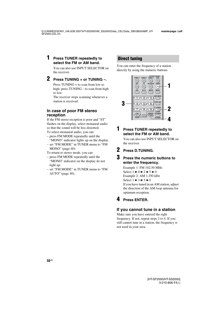 Direct tuning, If you cannot tune in a station | Sony HT-SS2000 User Manual | Page 50 / 68