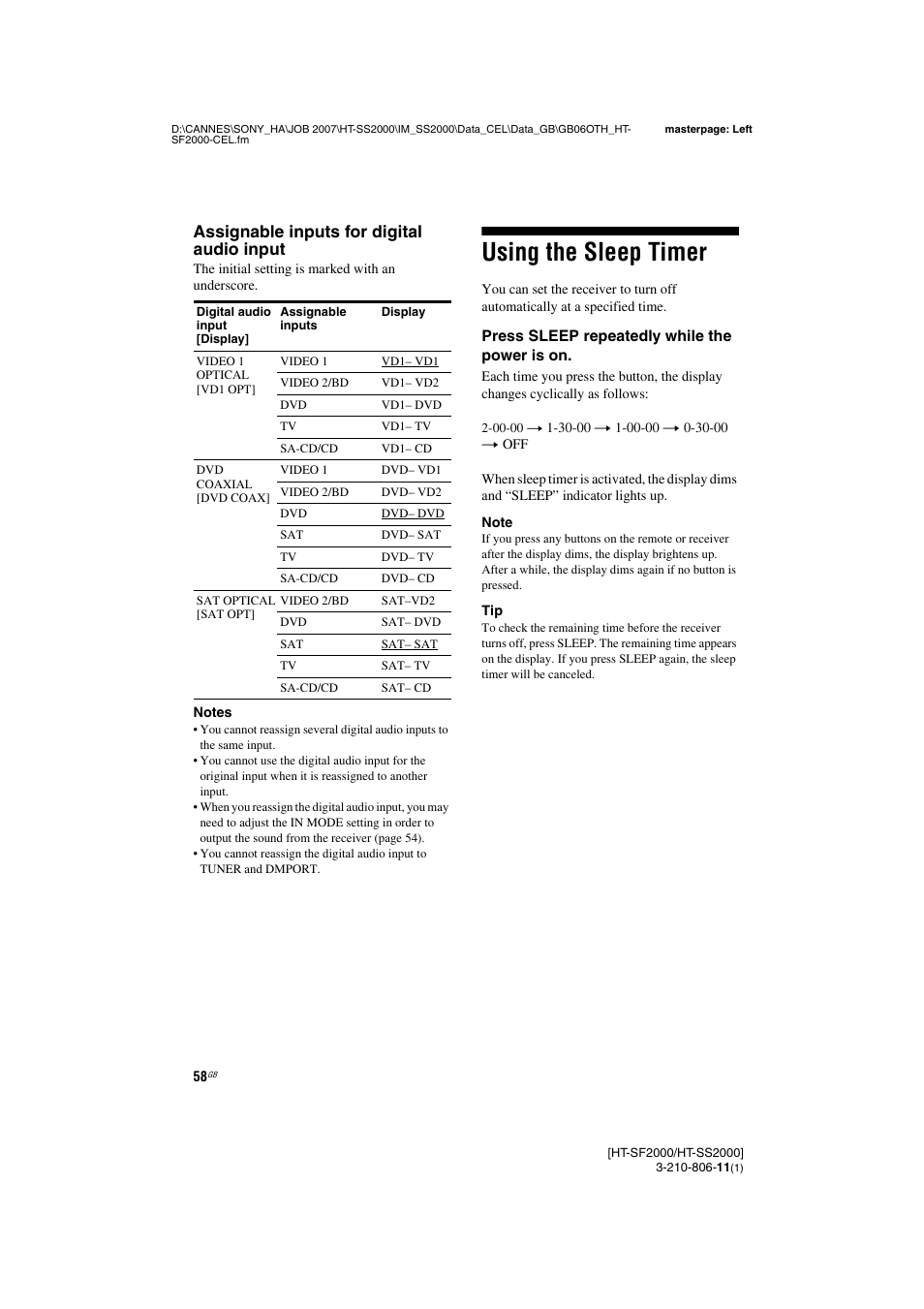 Using the sleep timer, Assignable inputs for digital audio input | Sony HT-SS2000 User Manual | Page 58 / 68