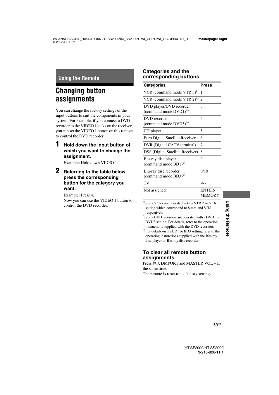 Using the remote, Changing button assignments | Sony HT-SS2000 User Manual | Page 59 / 68