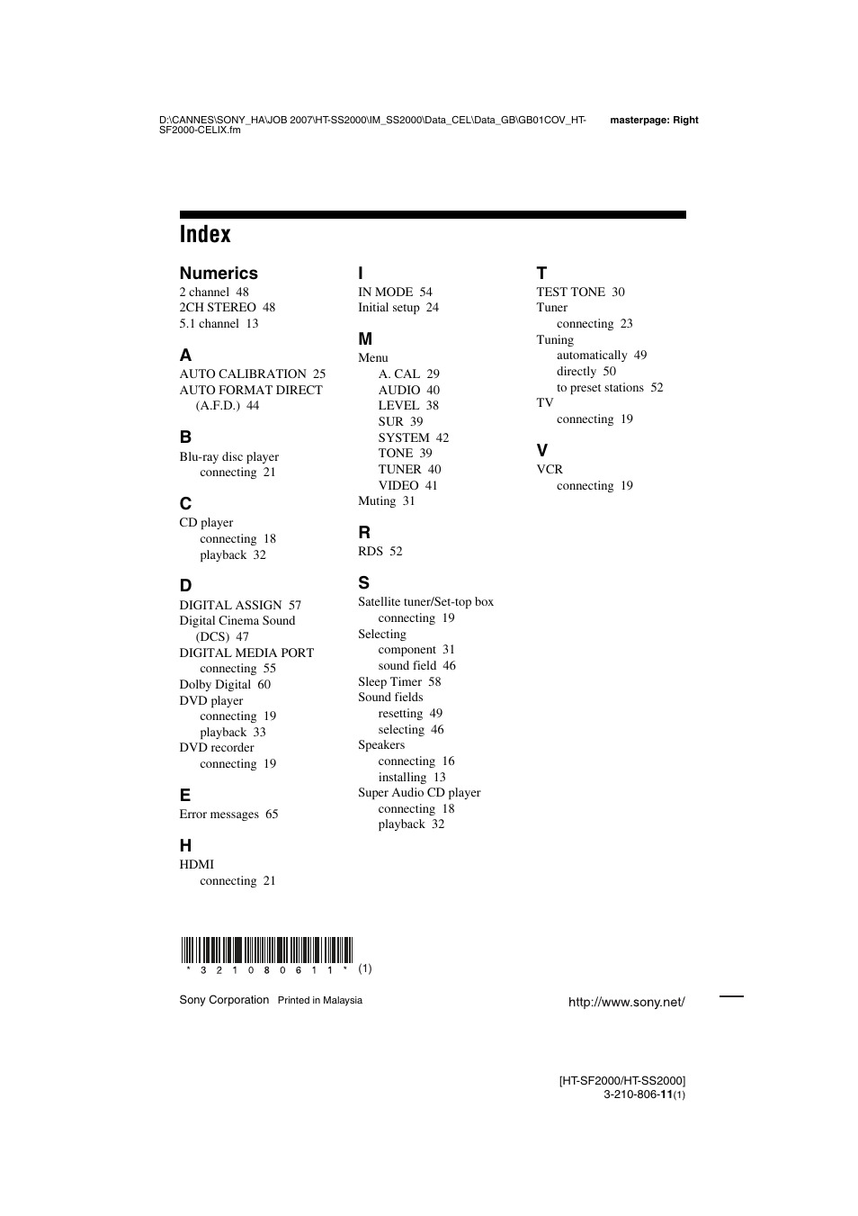 Index, Numerics | Sony HT-SS2000 User Manual | Page 68 / 68