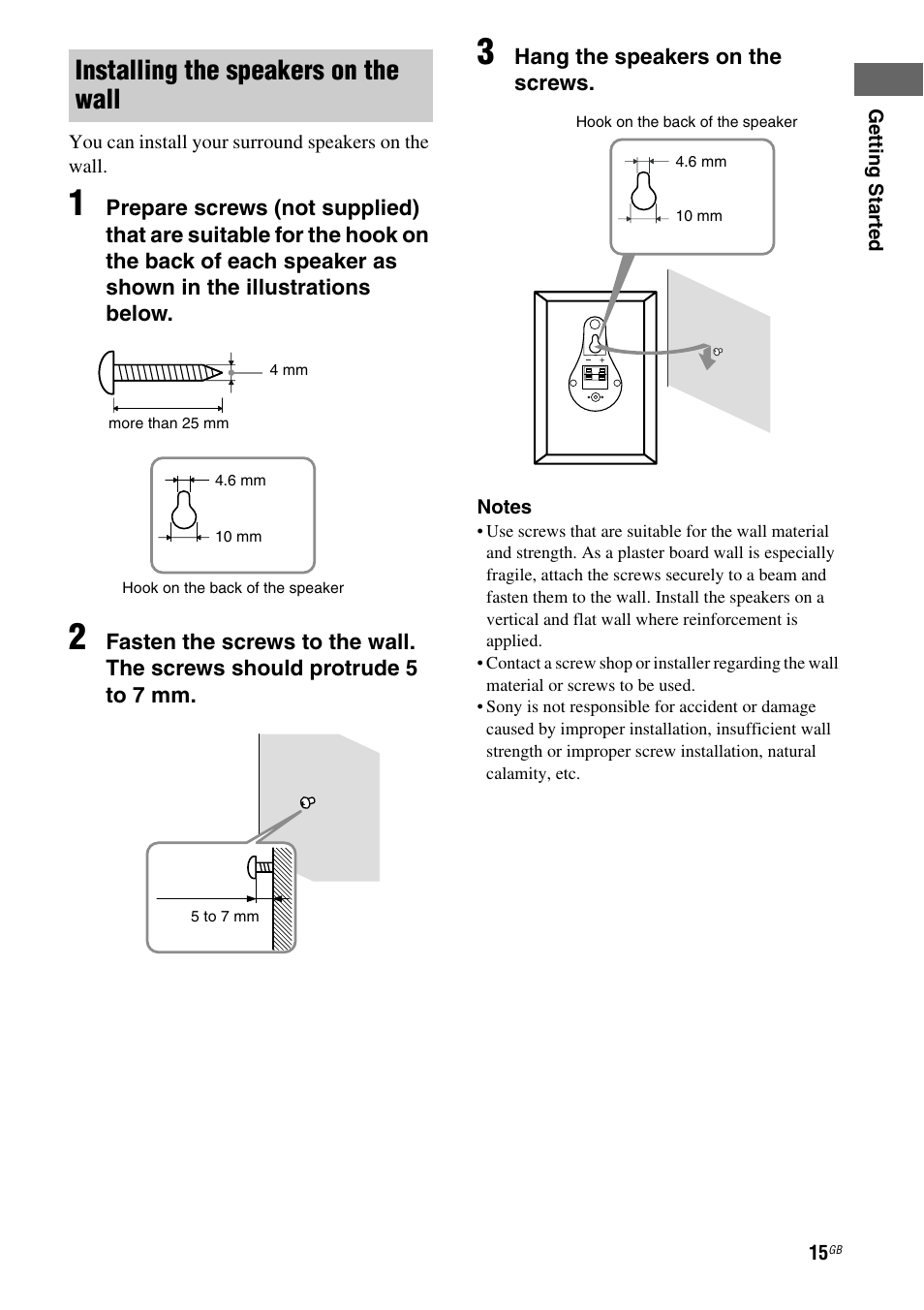 Installing the speakers on the wall | Sony HT-DDWG800 User Manual | Page 15 / 80