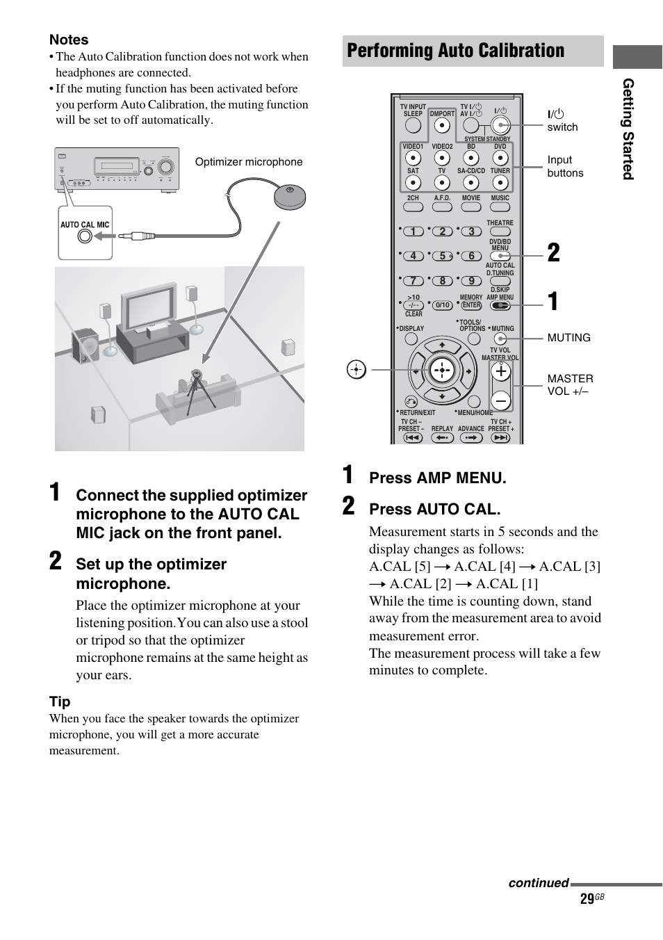 Performing auto calibration, Set up the optimizer microphone, Press amp menu | Press auto cal | Sony HT-DDWG800 User Manual | Page 29 / 80