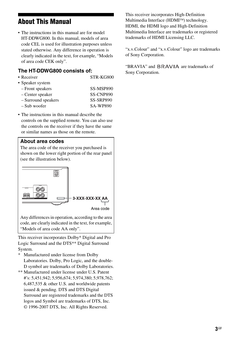 About this manual, The ht-ddwg800 consists of, About area codes | Sony HT-DDWG800 User Manual | Page 3 / 80