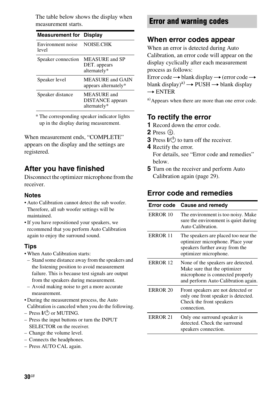 Error and warning codes, After you have finished, When error codes appear | Error code and remedies | Sony HT-DDWG800 User Manual | Page 30 / 80