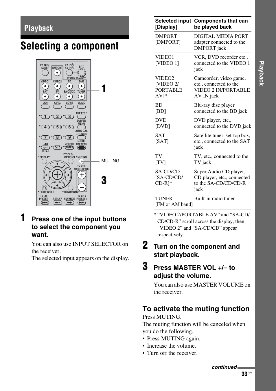 Playback, Selecting a component, Selecting a component 1 | Turn on the component and start playback, Press master vol +/– to adjust the volume, Play b a ck, You can also use master volume on the receiver | Sony HT-DDWG800 User Manual | Page 33 / 80