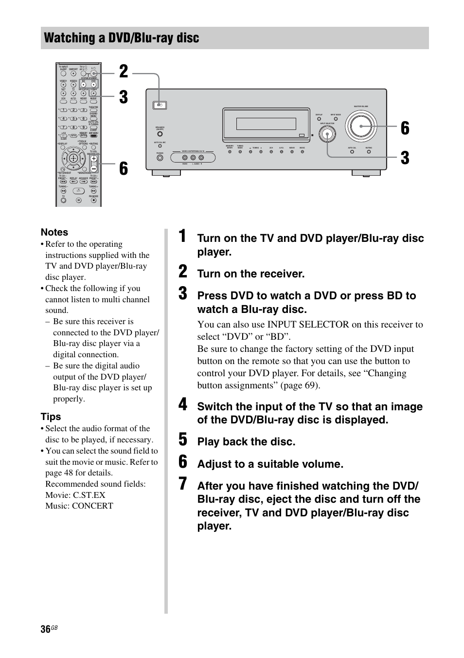 Watching a dvd/blu-ray disc, Turn on the tv and dvd player/blu-ray disc player, Turn on the receiver | Play back the disc, Adjust to a suitable volume, Tips | Sony HT-DDWG800 User Manual | Page 36 / 80