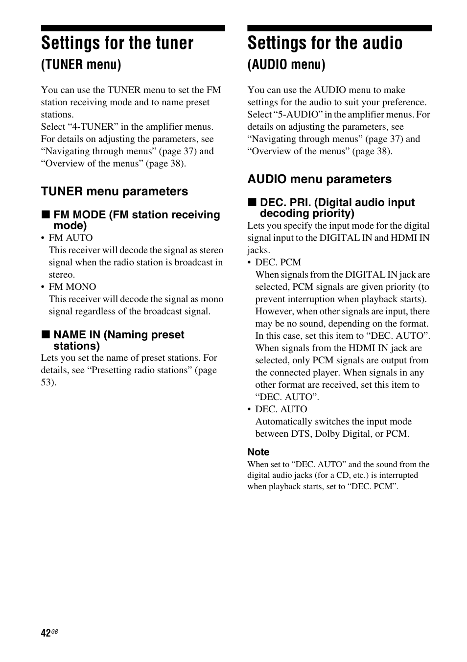 Settings for the tuner (tuner menu), Settings for the audio (audio menu), Settings for the tuner | Settings for the audio, Tuner menu), Audio menu) | Sony HT-DDWG800 User Manual | Page 42 / 80