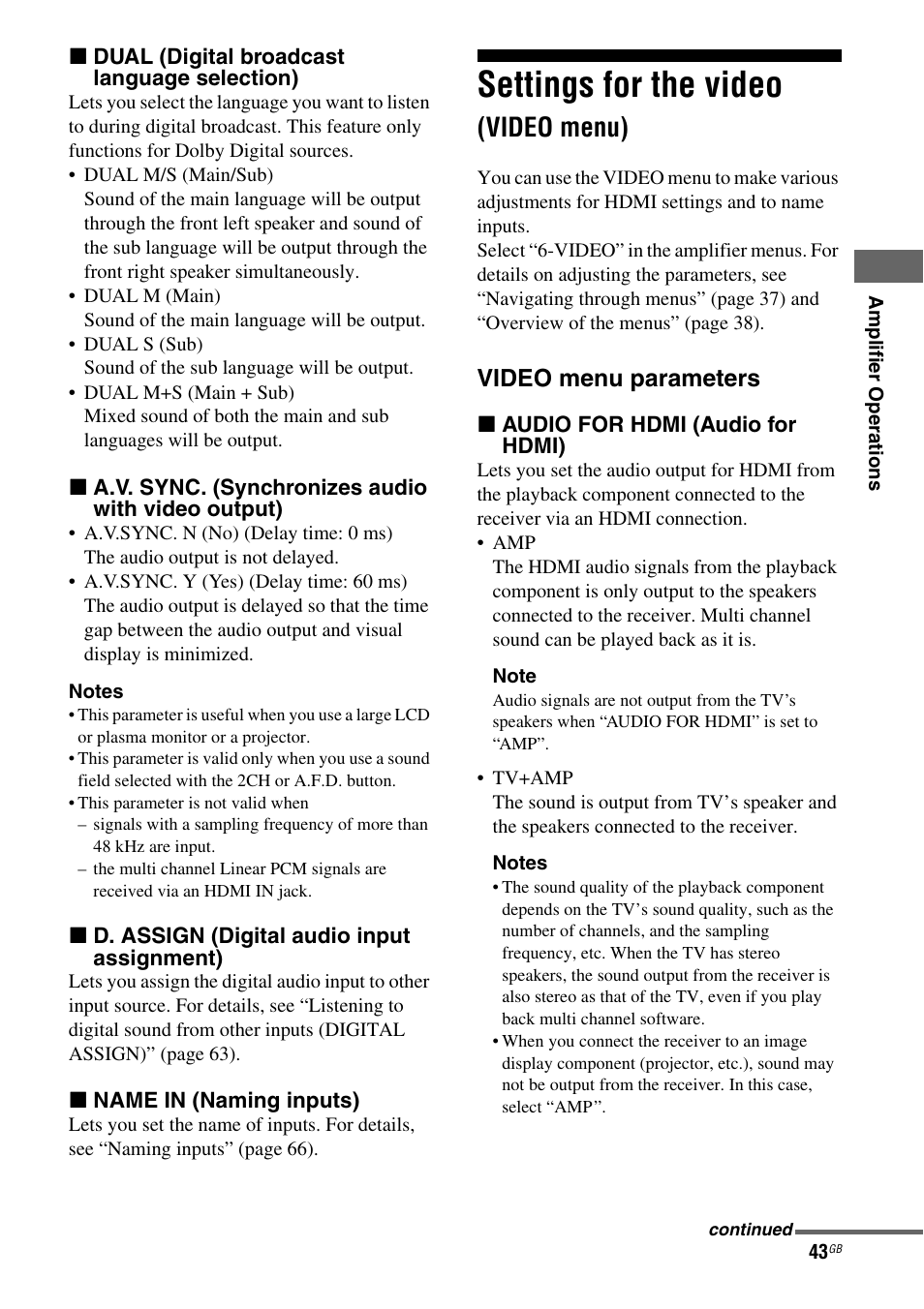 Settings for the video (video menu), Settings for the video, Video menu) | Video menu parameters | Sony HT-DDWG800 User Manual | Page 43 / 80