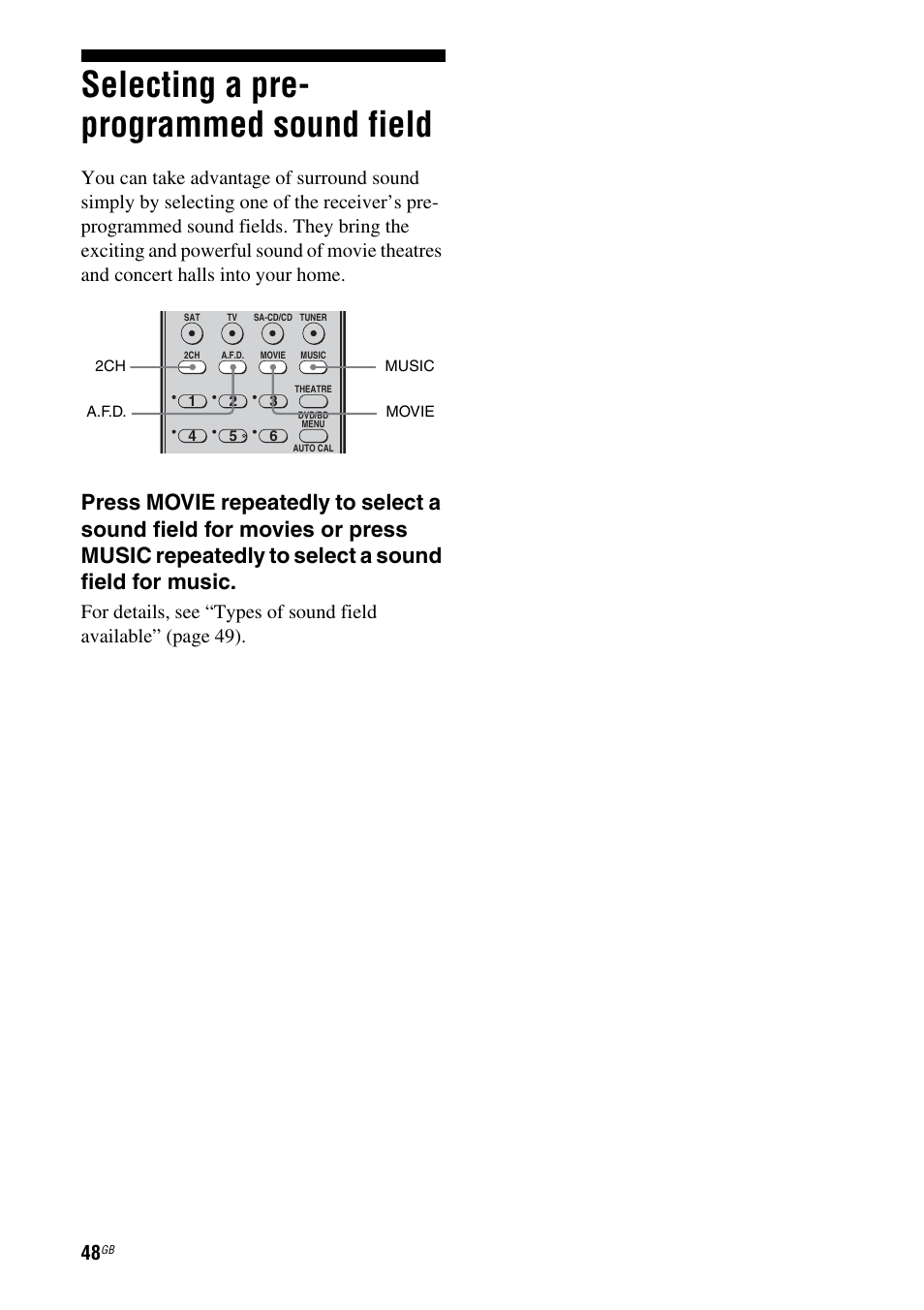 Selecting a pre- programmed sound field, Selecting a pre-programmed sound field | Sony HT-DDWG800 User Manual | Page 48 / 80