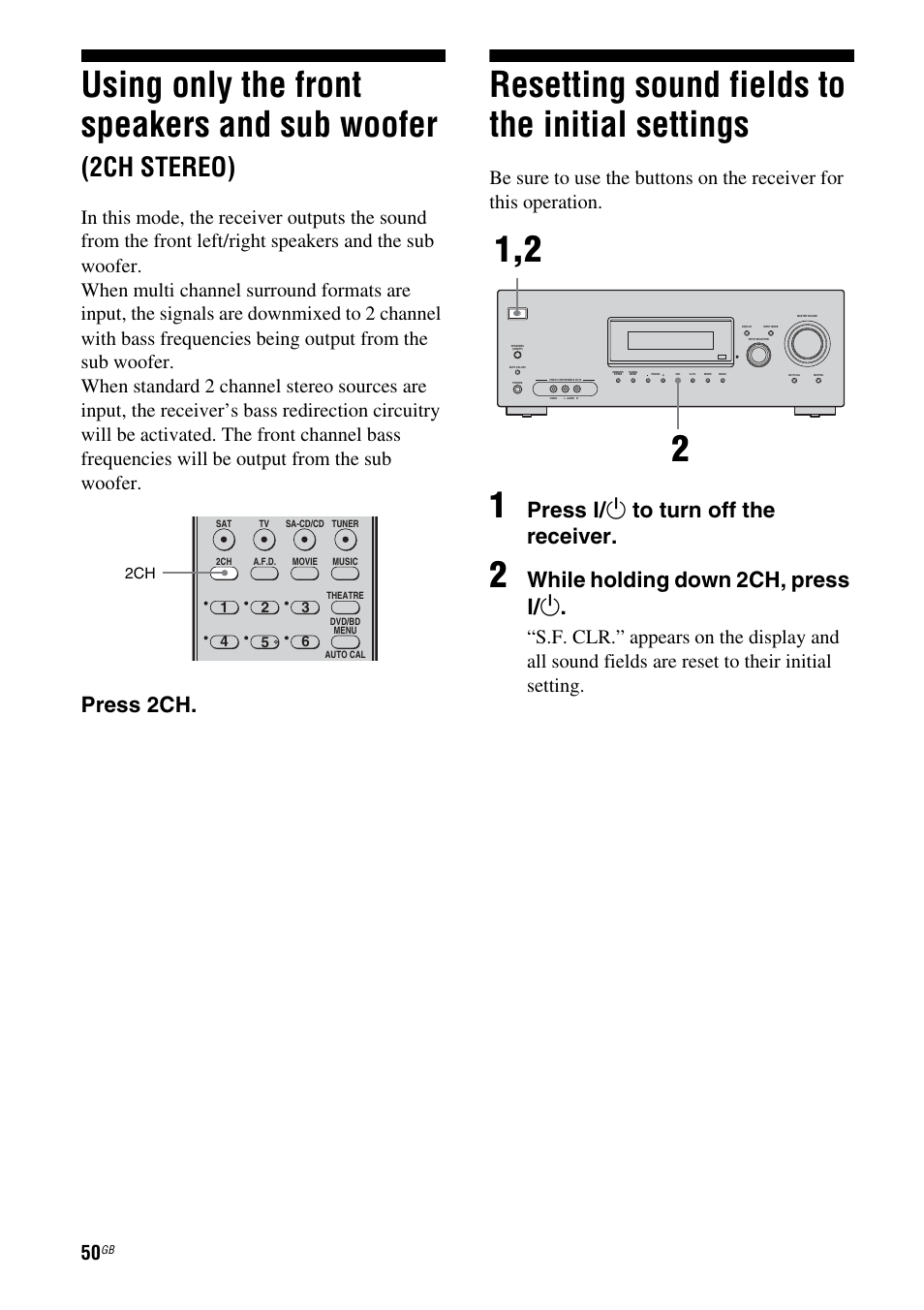 Resetting sound fields to the initial settings, Using only the front speakers and sub, Woofer (2ch stereo) | Resetting sound fields to the initial, Settings, Using only the front speakers and sub woofer, 2ch stereo), Press 2ch, Press ? / 1 to turn off the receiver, While holding down 2ch, press ? / 1 | Sony HT-DDWG800 User Manual | Page 50 / 80