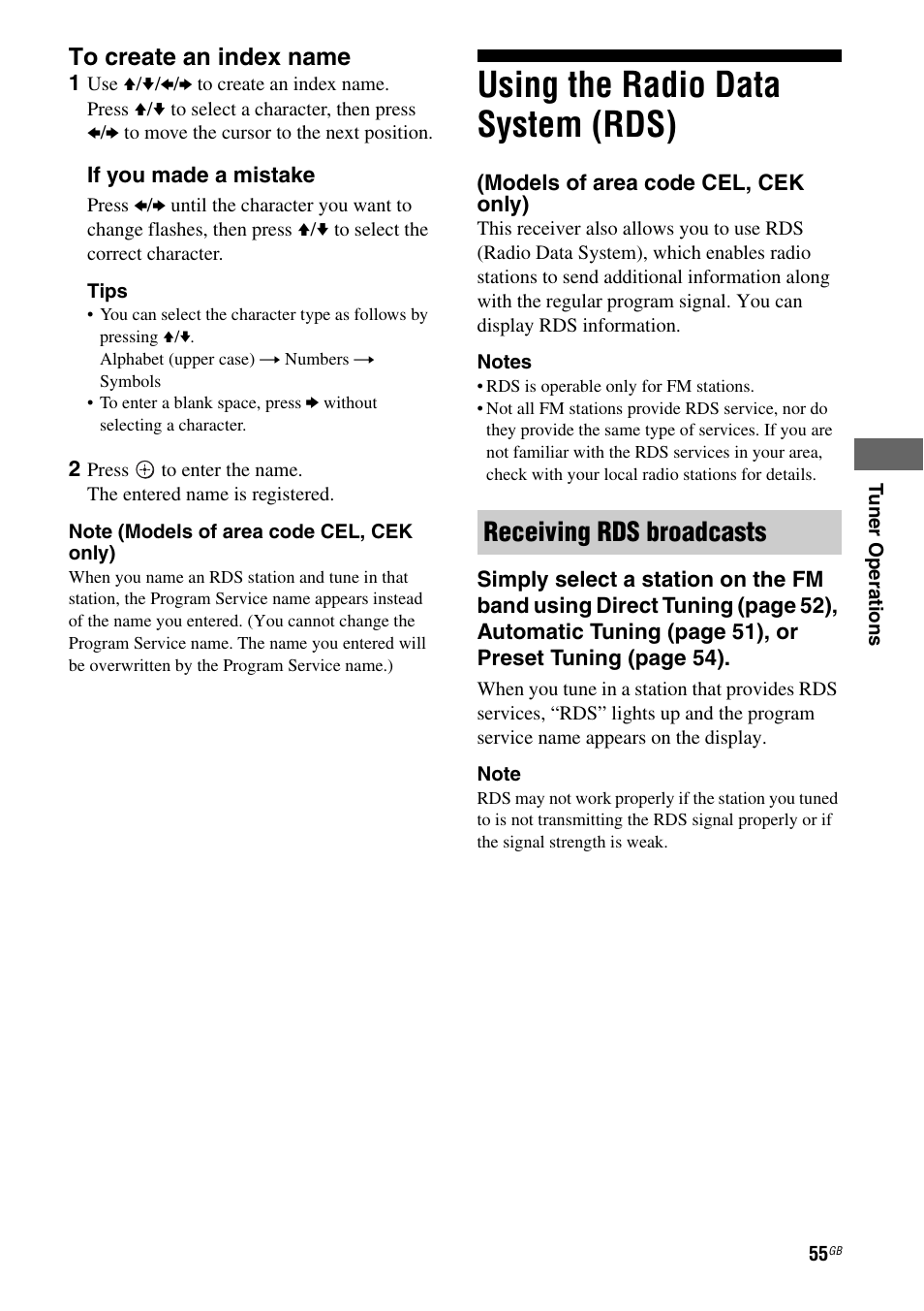 Using the radio data system (rds), Models of area code cel, cek only), Receiving rds broadcasts | Sony HT-DDWG800 User Manual | Page 55 / 80