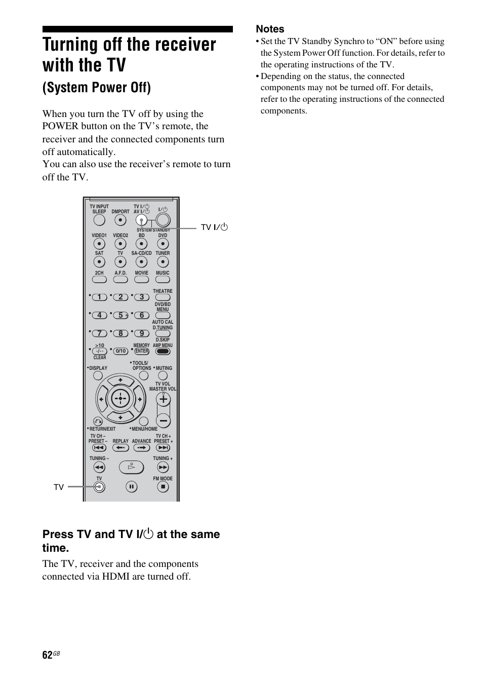 Turning off the receiver with the tv, System power off), Press tv and tv ? / 1 at the same time | Sony HT-DDWG800 User Manual | Page 62 / 80