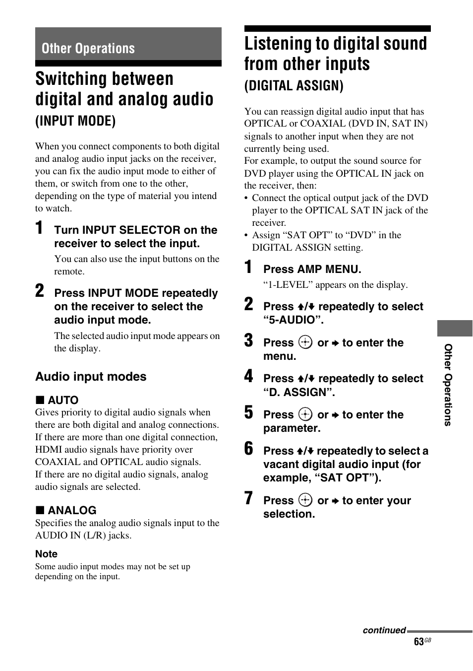 Other operations, Switching between digital and analog, Audio (input mode) | Listening to digital sound from other, Inputs (digital assign), Switching between digital and analog audio, Listening to digital sound from other inputs | Sony HT-DDWG800 User Manual | Page 63 / 80