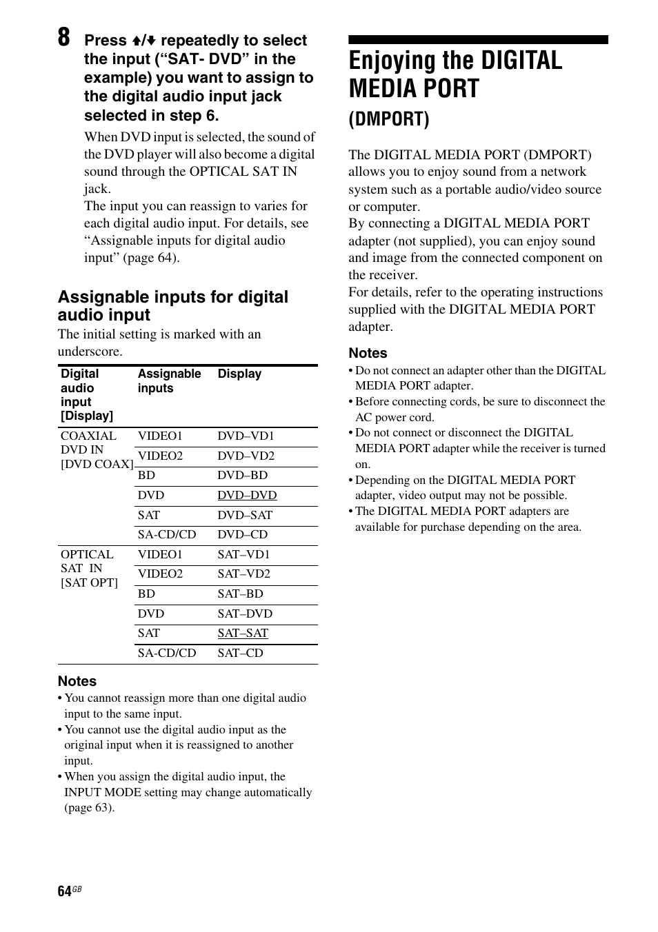Enjoying the digital media port (dmport), Enjoying the digital media port, Dmport) | Assignable inputs for digital audio input | Sony HT-DDWG800 User Manual | Page 64 / 80