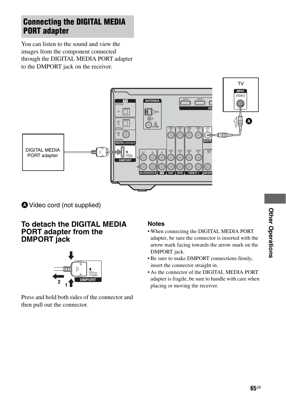 Connecting the digital media port adapter, Avideo cord (not supplied) | Sony HT-DDWG800 User Manual | Page 65 / 80