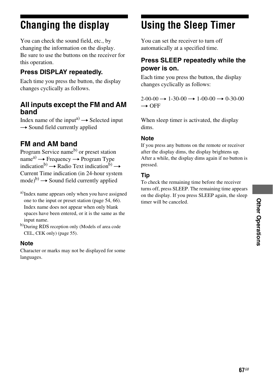 Changing the display, Using the sleep timer, Changing the display using the sleep timer | All inputs except the fm and am band, Fm and am band | Sony HT-DDWG800 User Manual | Page 67 / 80
