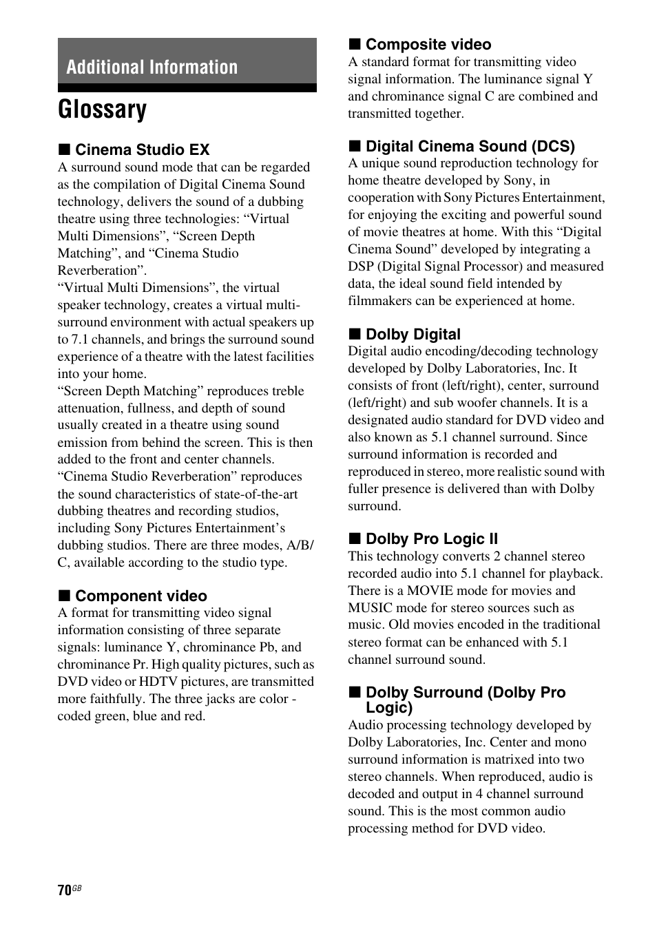 Additional information, Glossary | Sony HT-DDWG800 User Manual | Page 70 / 80