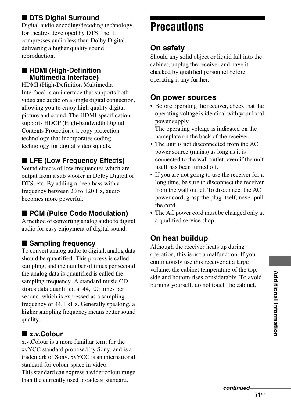 Precautions | Sony HT-DDWG800 User Manual | Page 71 / 80