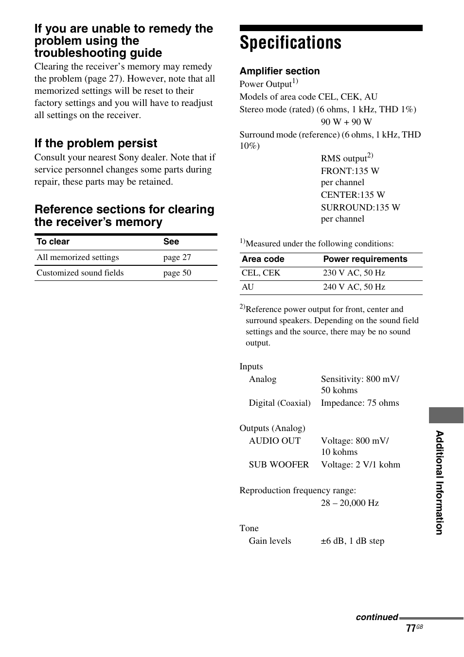 Specifications, If the problem persist | Sony HT-DDWG800 User Manual | Page 77 / 80