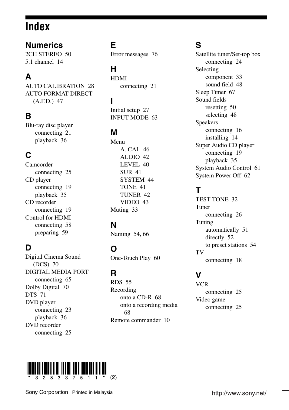 Index, Numerics | Sony HT-DDWG800 User Manual | Page 80 / 80