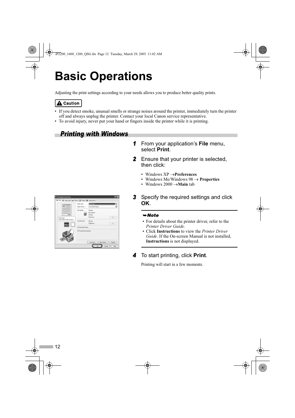 Basic operations, Printing with windows | Sony iP1200 User Manual | Page 14 / 20