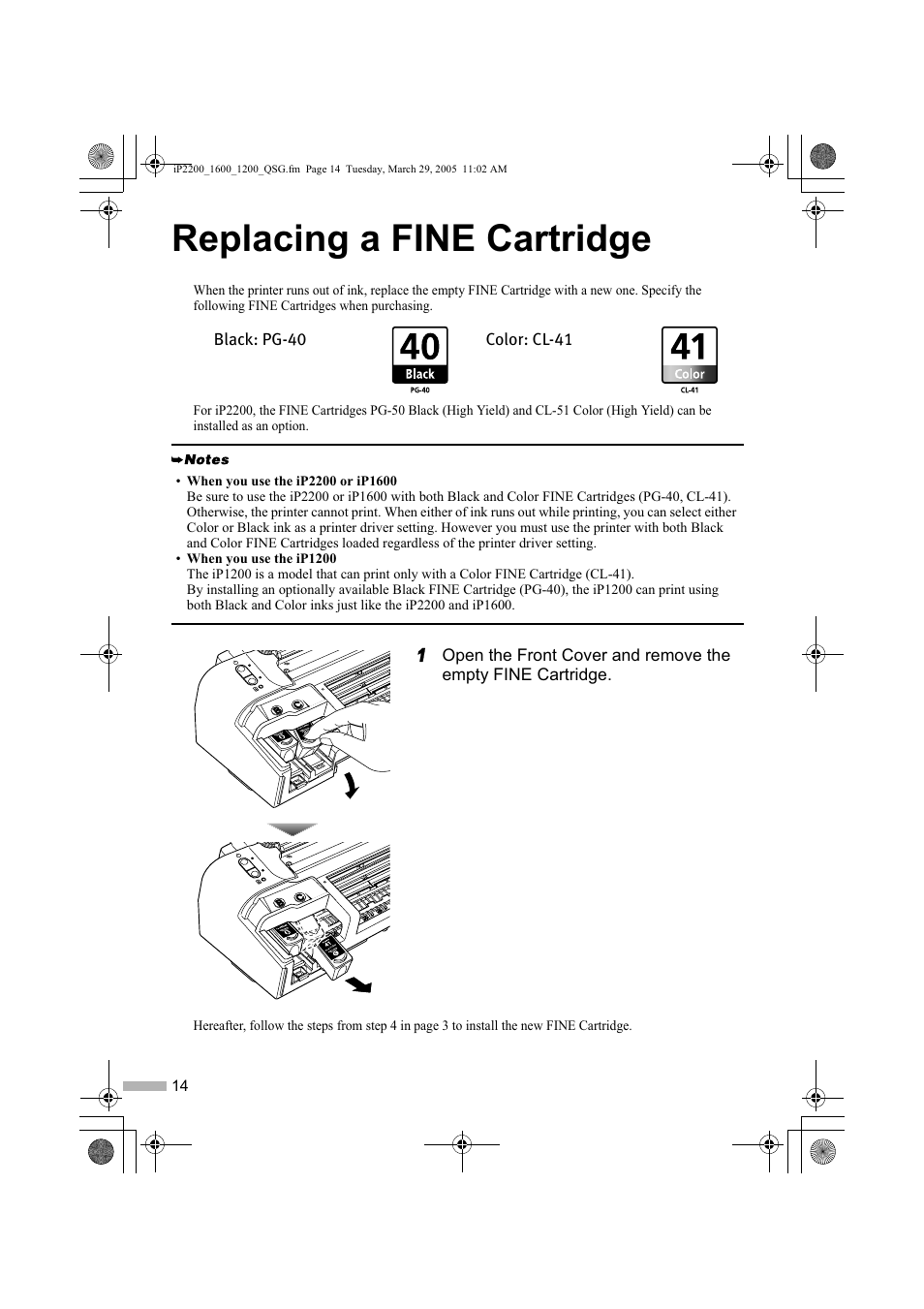 Replacing a fine cartridge | Sony iP1200 User Manual | Page 16 / 20