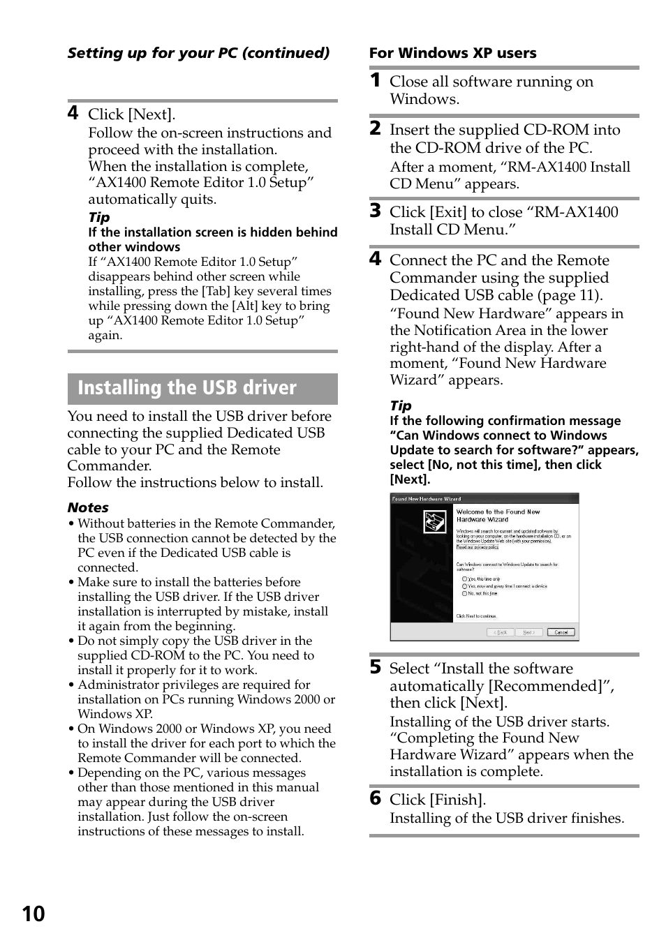 Installing the usb driver | Sony RM-AX1400 User Manual | Page 10 / 32