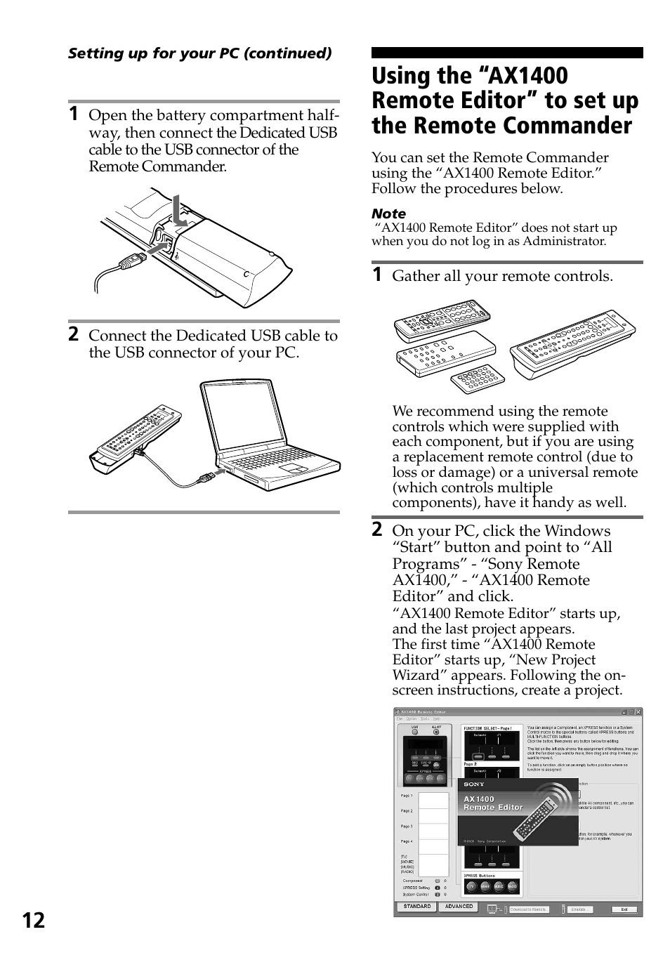 Using the “ax1400 remote editor, To set up the remote commander | Sony RM-AX1400 User Manual | Page 12 / 32