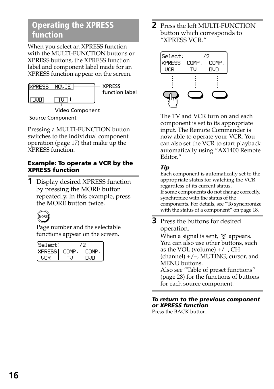 Operating the xpress function | Sony RM-AX1400 User Manual | Page 16 / 32