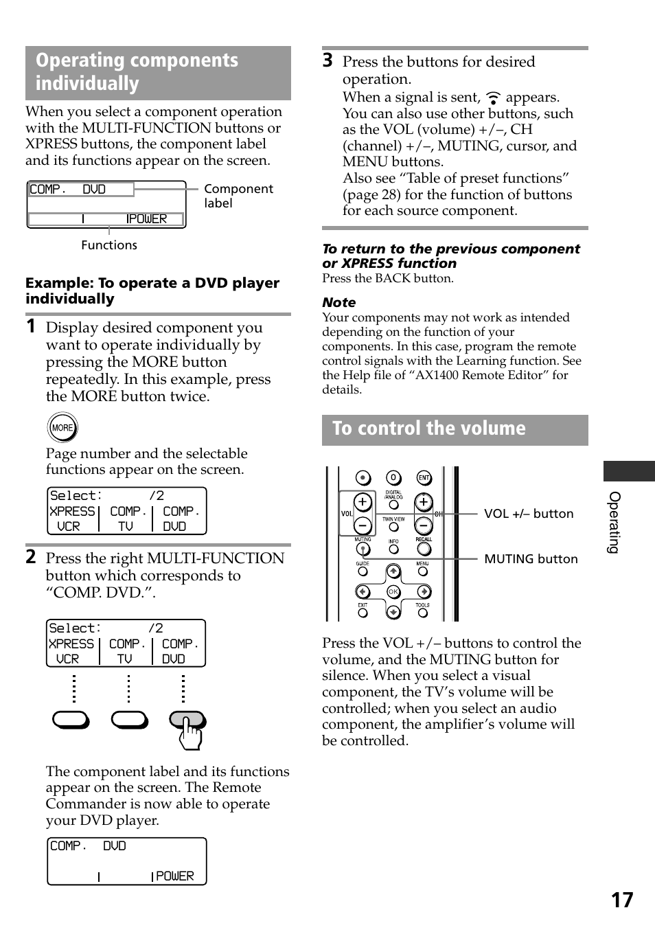Operating components individually, To control the volume | Sony RM-AX1400 User Manual | Page 17 / 32