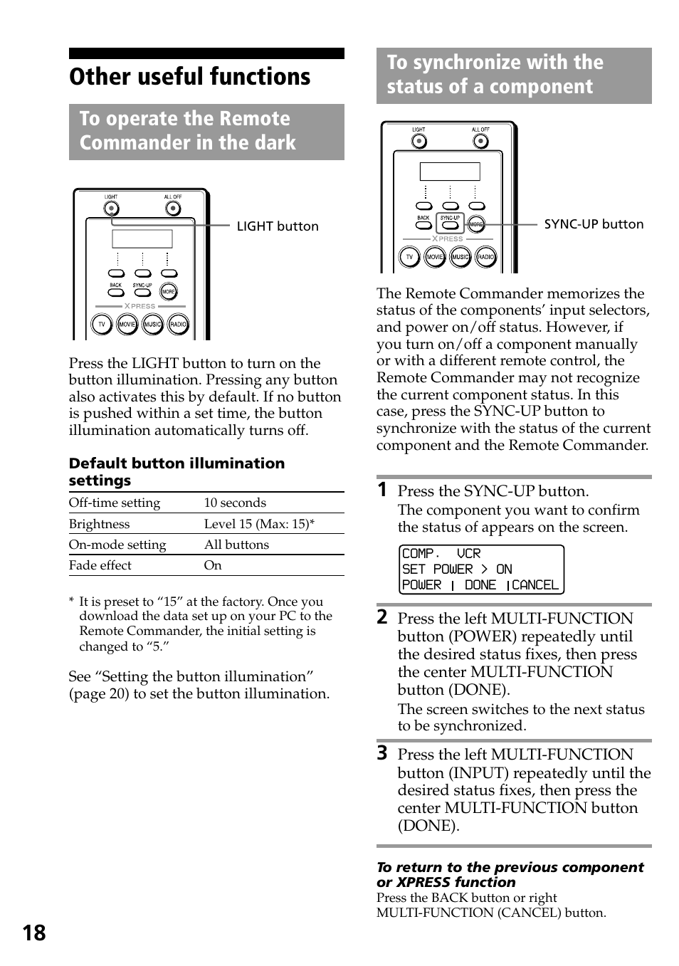 Other useful functions, To operate the remote commander in the dark, To synchronize with the status of a component | To operate the remote commander, In the dark, To synchronize with the status of a, Component | Sony RM-AX1400 User Manual | Page 18 / 32