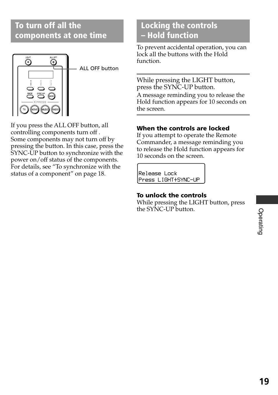 To turn off all the components at one time, Locking the controls - hold function, To turn off all the components at | One time, Locking the controls – hold function | Sony RM-AX1400 User Manual | Page 19 / 32