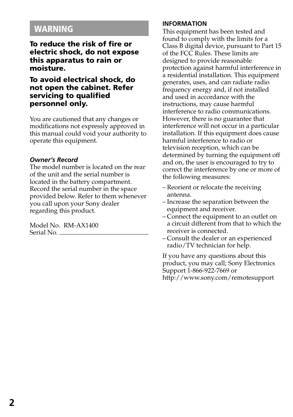 Warning | Sony RM-AX1400 User Manual | Page 2 / 32