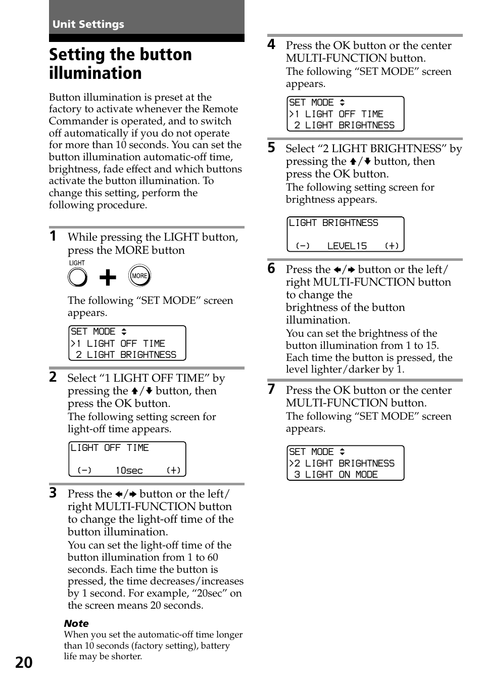 Unit settings, Setting the button illumination | Sony RM-AX1400 User Manual | Page 20 / 32