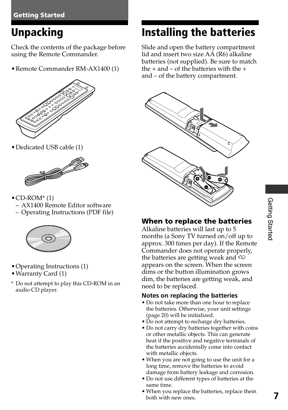 Getting started, Unpacking, Installing the batteries | Unpacking installing the batteries | Sony RM-AX1400 User Manual | Page 7 / 32