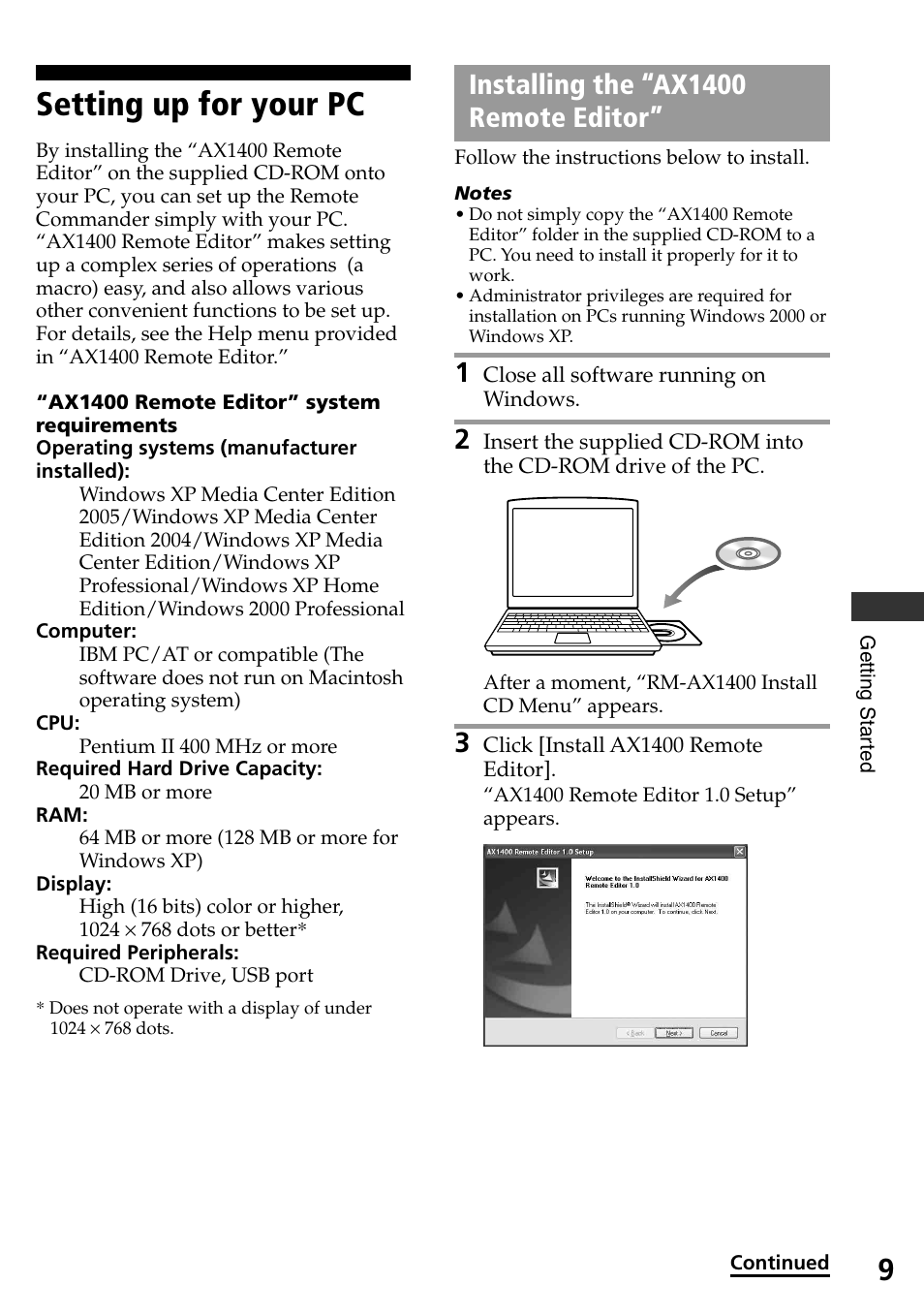 Setting up for your pc, Installing the “ax1400 remote editor, Installing the “ax1400 remote | Editor | Sony RM-AX1400 User Manual | Page 9 / 32