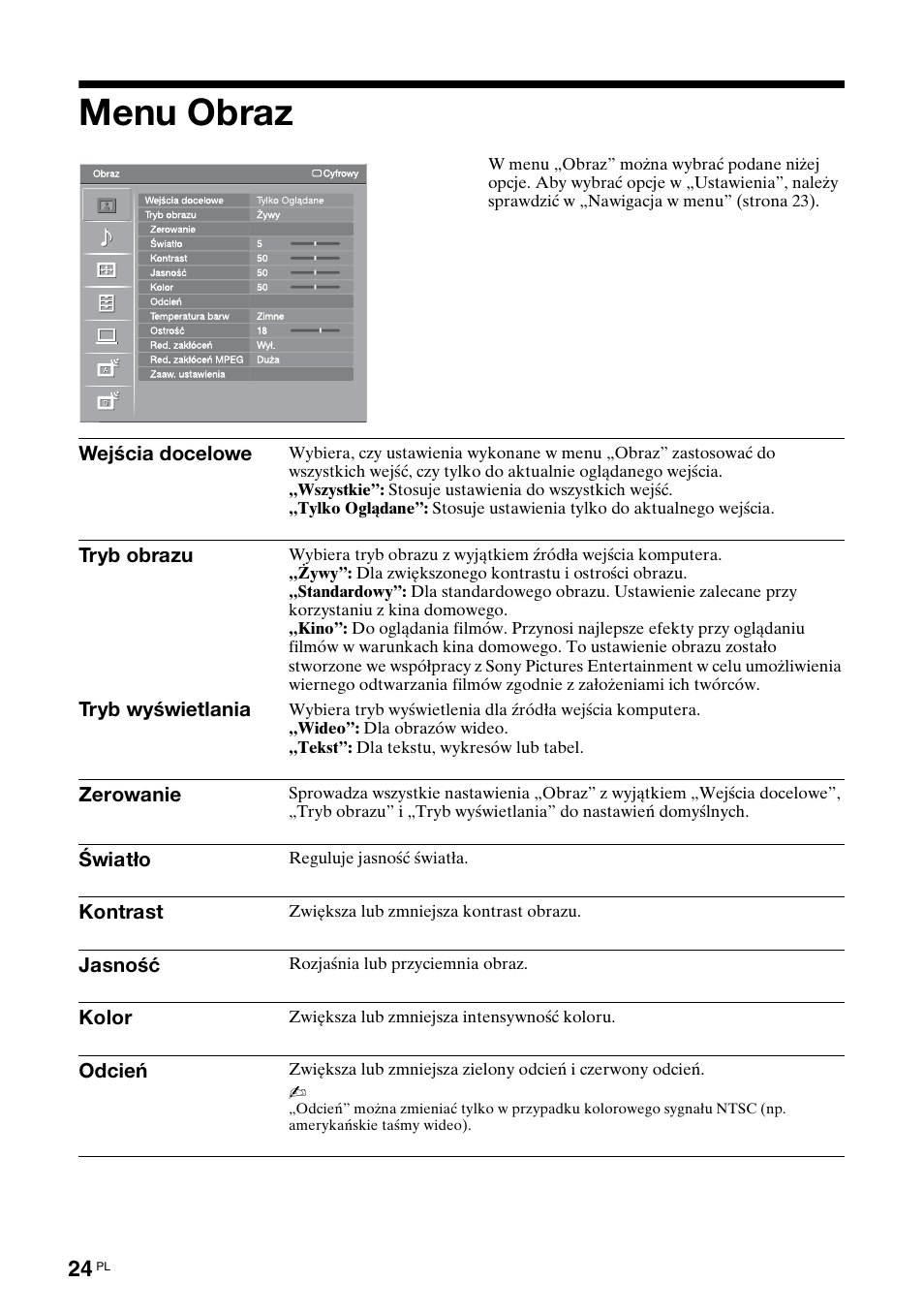 Menu obraz | Sony Bravia KDL-32D3010 User Manual | Page 108 / 132