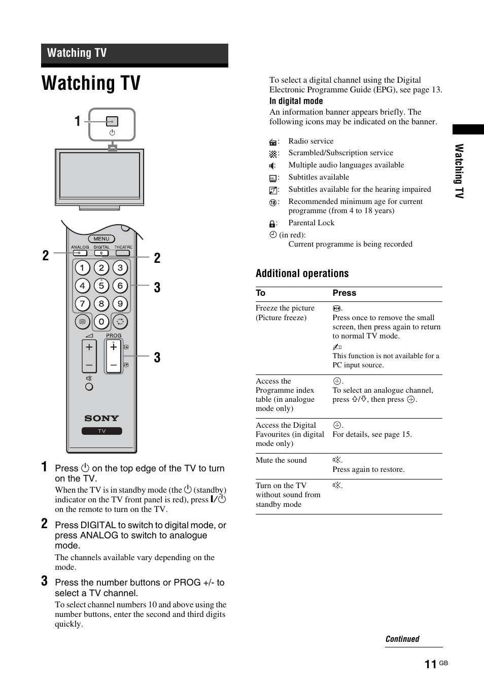 Watching tv | Sony Bravia KDL-32D3010 User Manual | Page 11 / 132