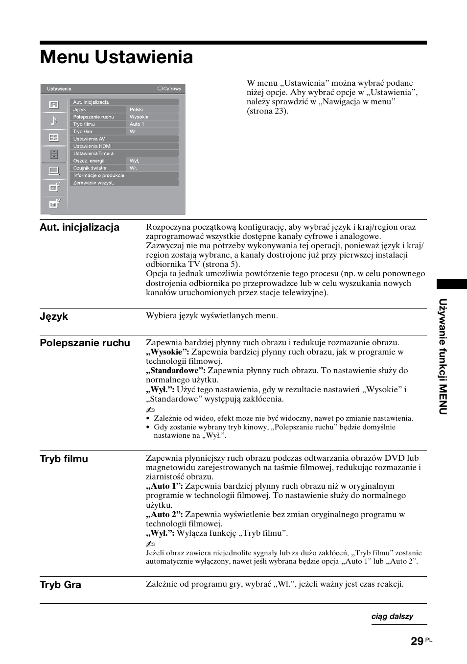 Menu ustawienia | Sony Bravia KDL-32D3010 User Manual | Page 113 / 132