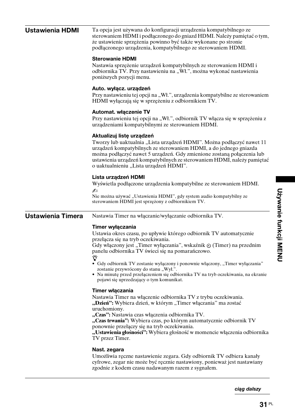 Ustawienia hdmi, 31 dla | Sony Bravia KDL-32D3010 User Manual | Page 115 / 132