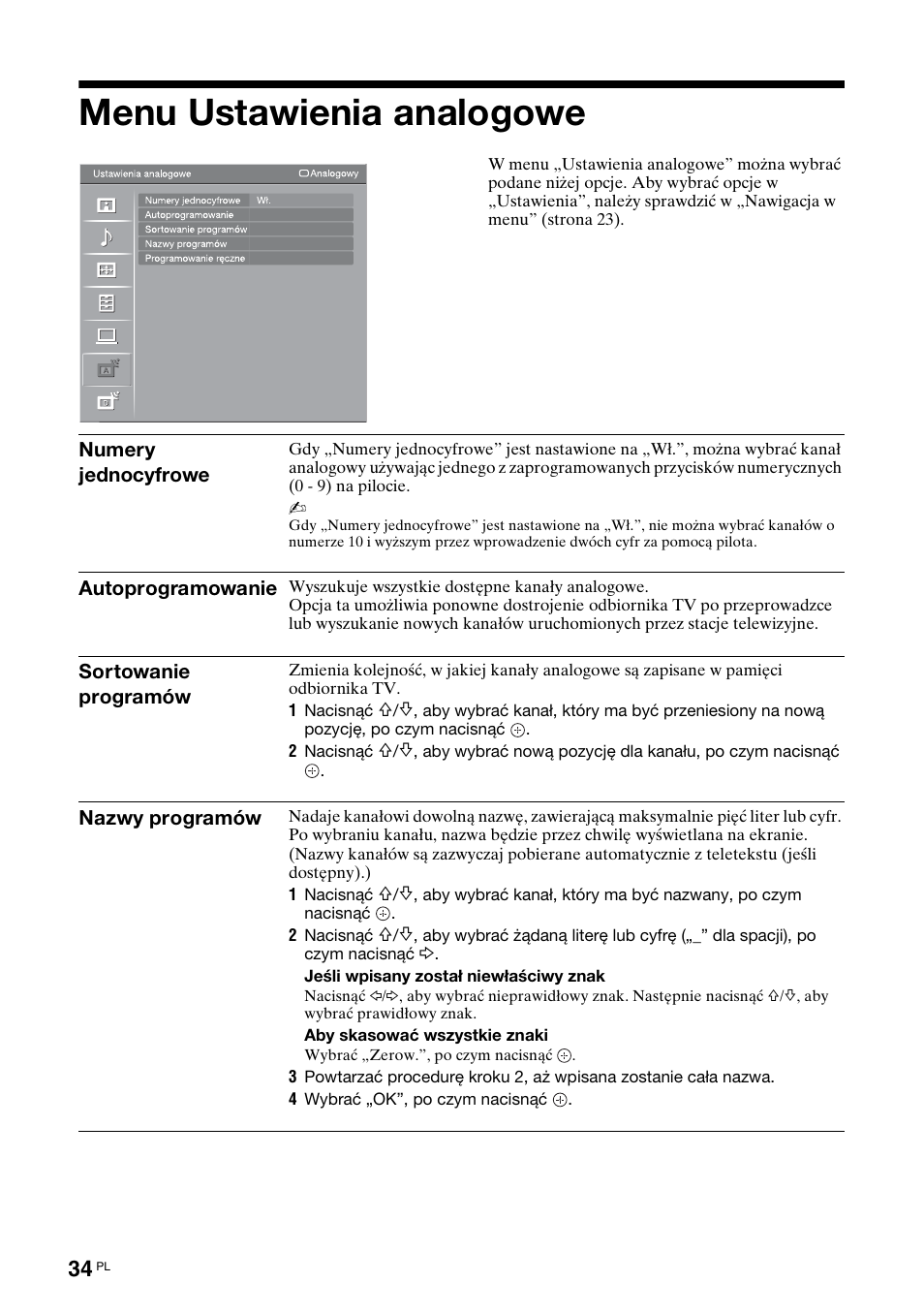 Menu ustawienia analogowe, W „sortowanie programów | Sony Bravia KDL-32D3010 User Manual | Page 118 / 132