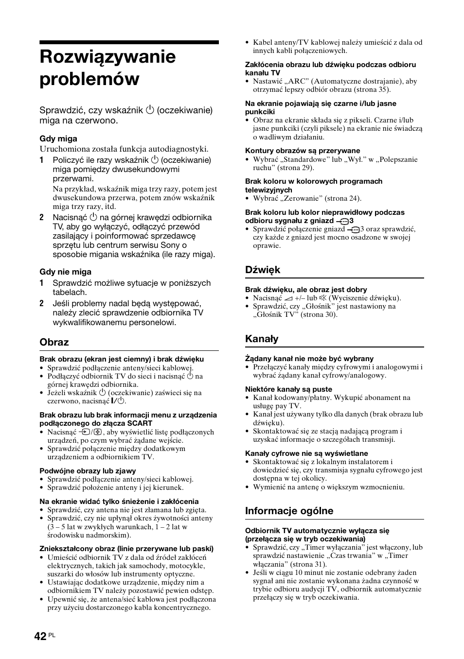 Rozwiązywanie problemów, Obraz, Dźwięk | Kanały, Informacje ogólne | Sony Bravia KDL-32D3010 User Manual | Page 126 / 132