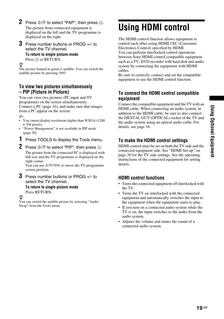 Using hdmi control | Sony Bravia KDL-32D3010 User Manual | Page 19 / 132