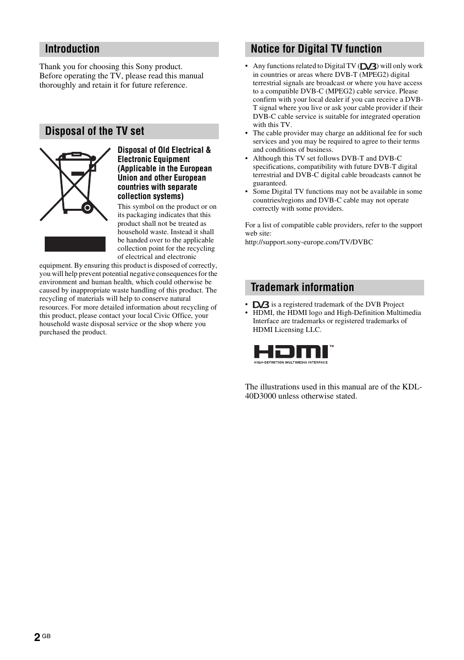 Sony Bravia KDL-32D3010 User Manual | Page 2 / 132