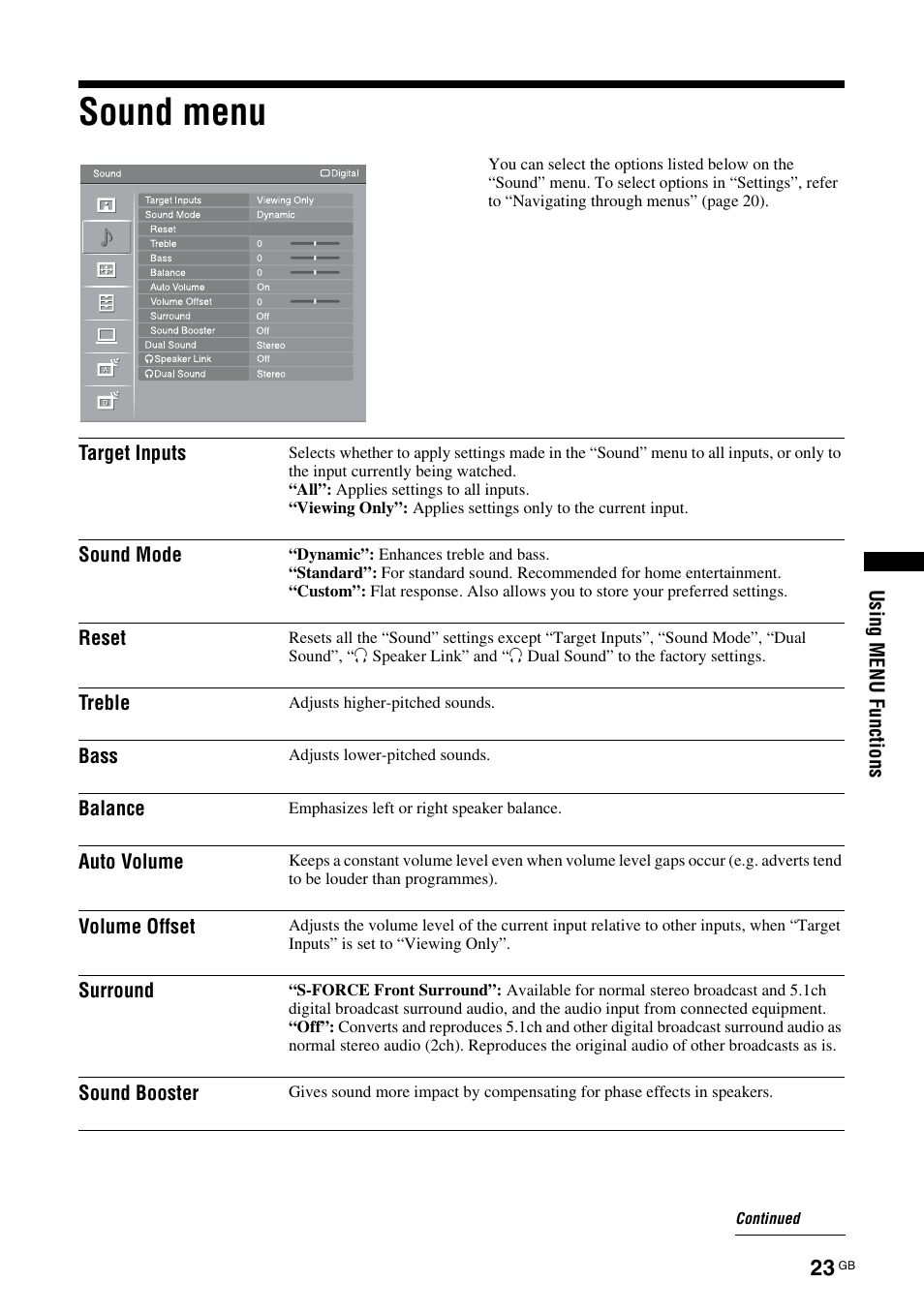 Sound menu | Sony Bravia KDL-32D3010 User Manual | Page 23 / 132