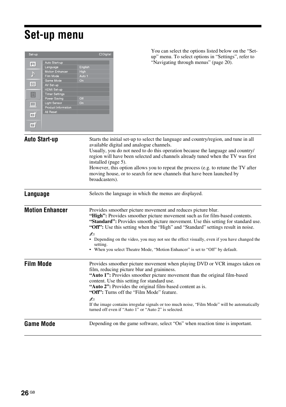 Set-up menu | Sony Bravia KDL-32D3010 User Manual | Page 26 / 132