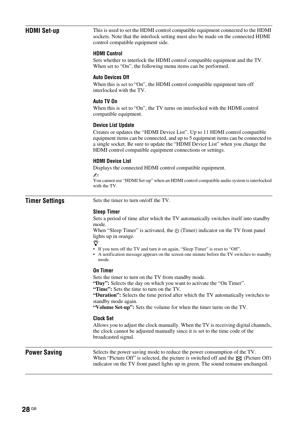 Ee “hdmi set-up” o | Sony Bravia KDL-32D3010 User Manual | Page 28 / 132