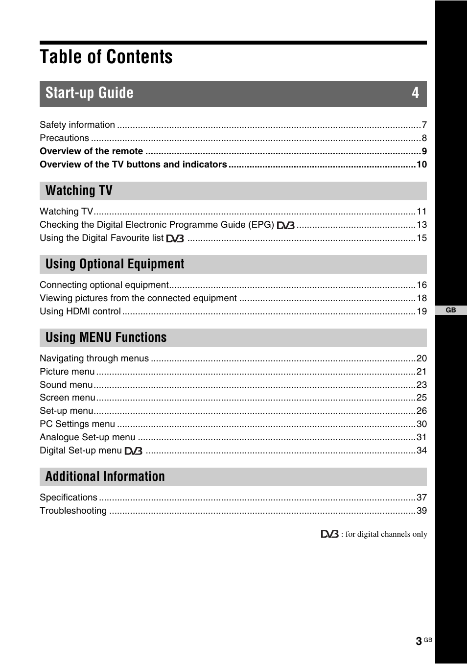 Sony Bravia KDL-32D3010 User Manual | Page 3 / 132