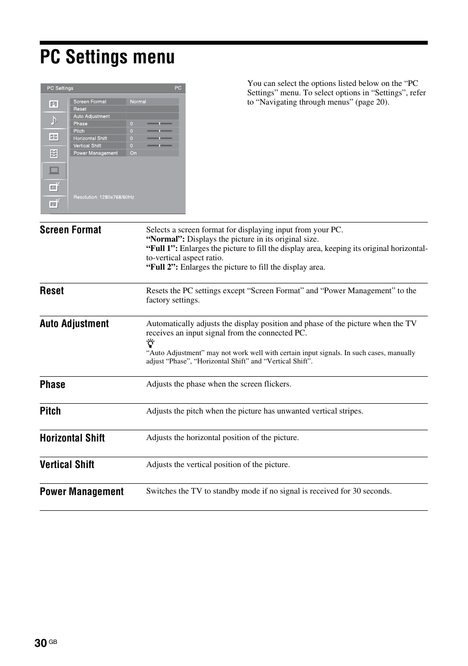 Pc settings menu | Sony Bravia KDL-32D3010 User Manual | Page 30 / 132