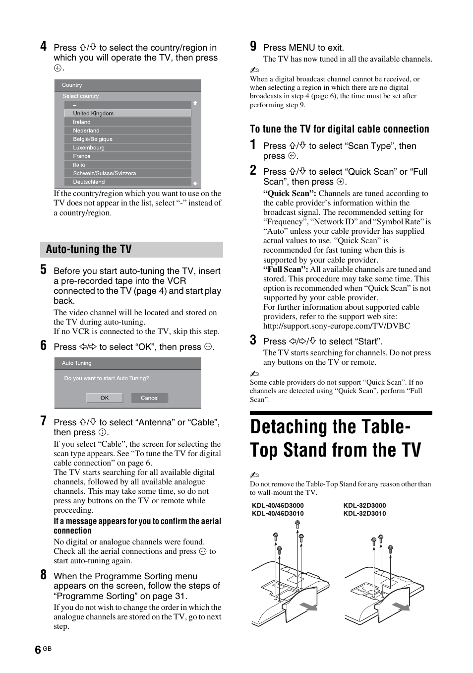 Detaching the table- top stand from the tv | Sony Bravia KDL-32D3010 User Manual | Page 6 / 132